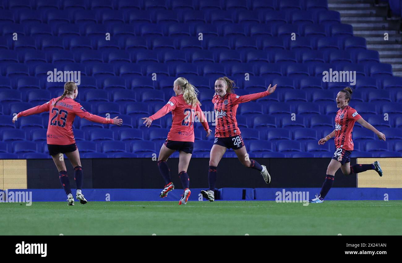 Brighton, UK. 19th Apr, 2024. Everton's Karen Holmgaard celebrates scoring the opening goal during the Women's Super League match between Brighton & Hove `Albion and Everton at the American Express Stadium. Credit: James Boardman/Alamy Live News Stock Photo